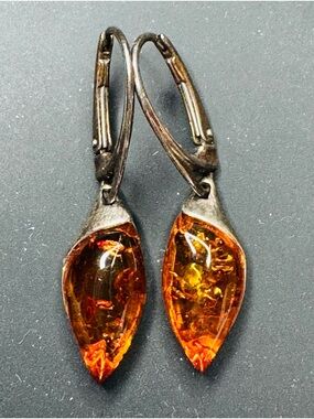 Sterling Silver 925 Amber Teardrop Dangle Earrings